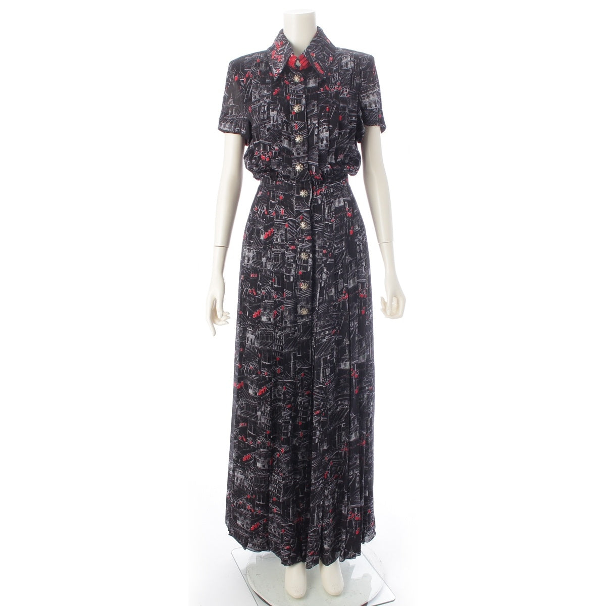 CHANEL silk Sequin pattern one piece Dress 332/333 Set P63992 Black red 34