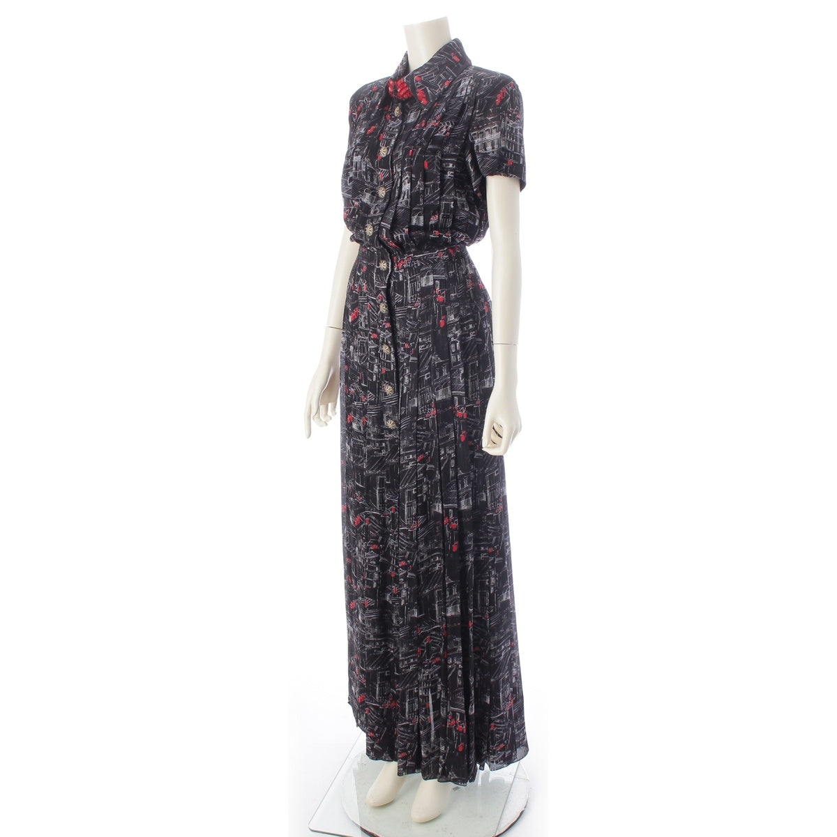 CHANEL silk Sequin pattern one piece Dress 332/333 Set P63992 Black red 34
