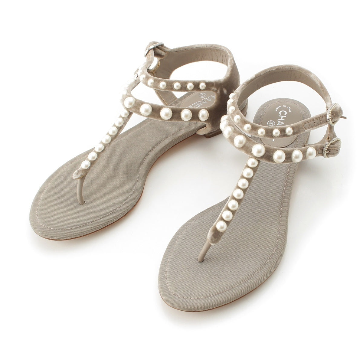 CHANEL Velor COCO Mark Pearl Strap Sandals Gurege 36 1/2C