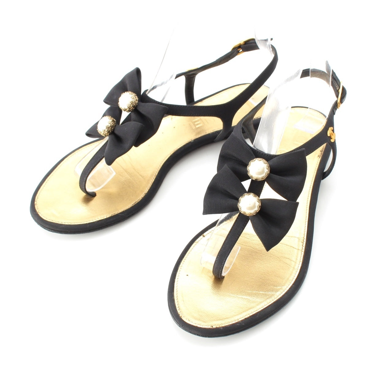 CHANEL Pearl COCO Mark Ribbon Sandals Black gold 36 1/2C