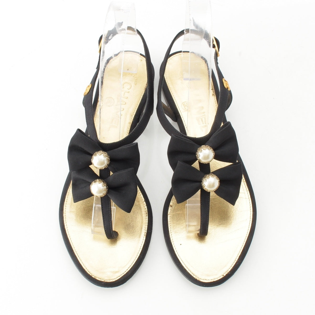 CHANEL Pearl COCO Mark Ribbon Sandals Black gold 36 1/2C