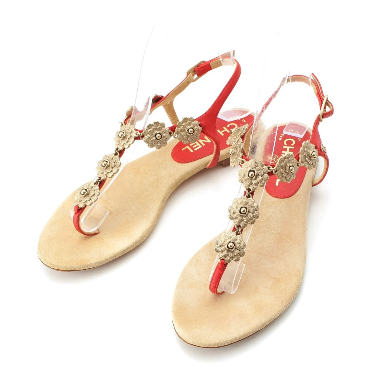 CHANEL leather COCO Mark Camellia Suede Sandals Beige red 36C