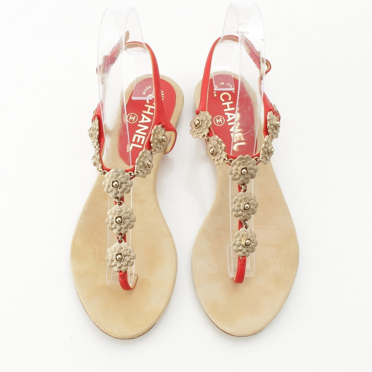CHANEL leather COCO Mark Camellia Suede Sandals Beige red 36C