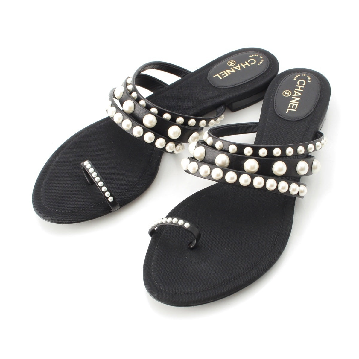 CHANEL Pearl COCO Mark Flat Sandals black 36 1/2C
