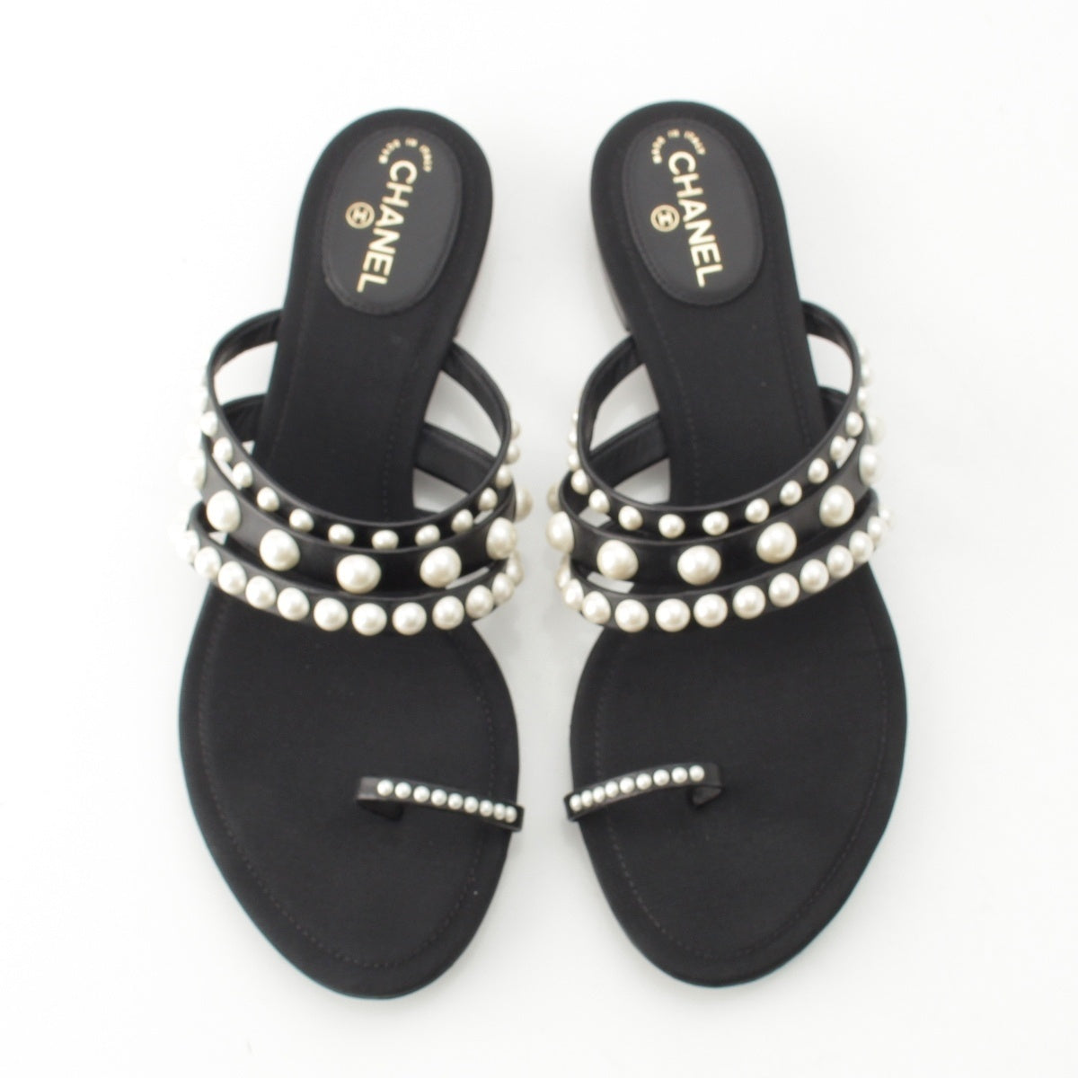 CHANEL Pearl COCO Mark Flat Sandals black 36 1/2C