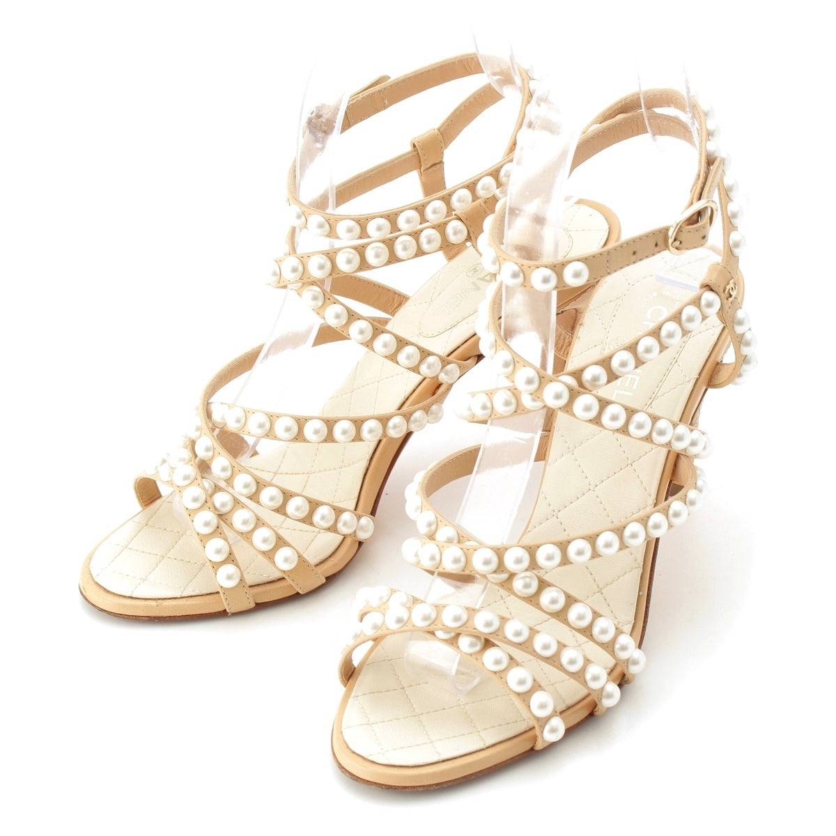 CHANEL Leather Pearl COCO Mark Strap Matelassé Heels Sandals beige 36