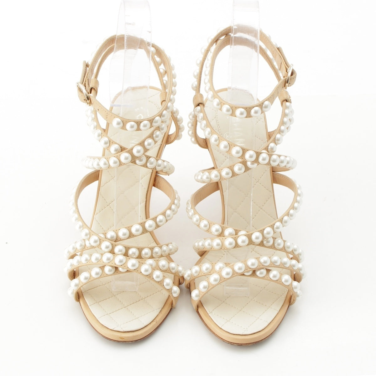 CHANEL Leather Pearl COCO Mark Strap Matelassé Heels Sandals beige 36