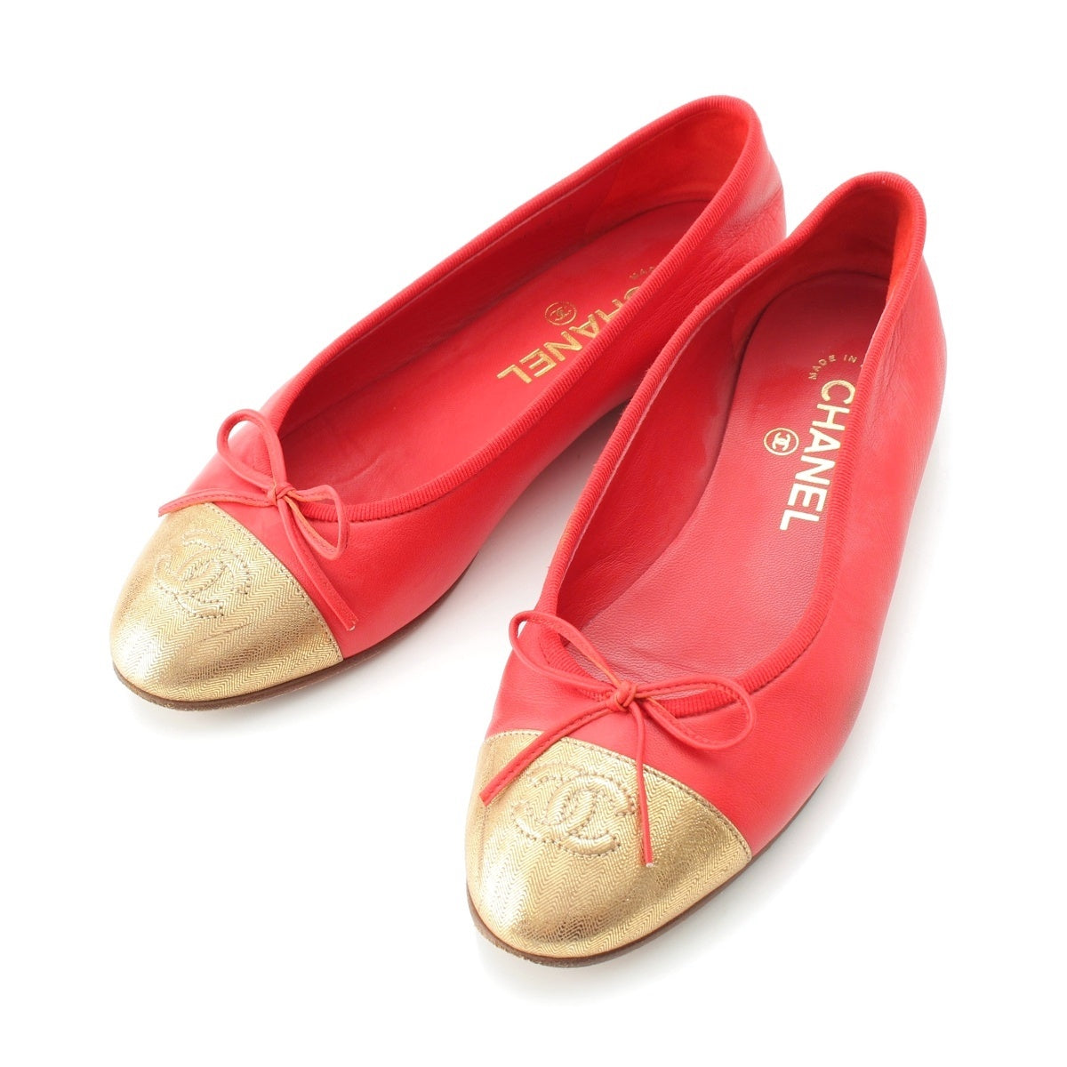 CHANEL leather COCO Mark Ribbon Flat pumps Red x gold 36 2/1