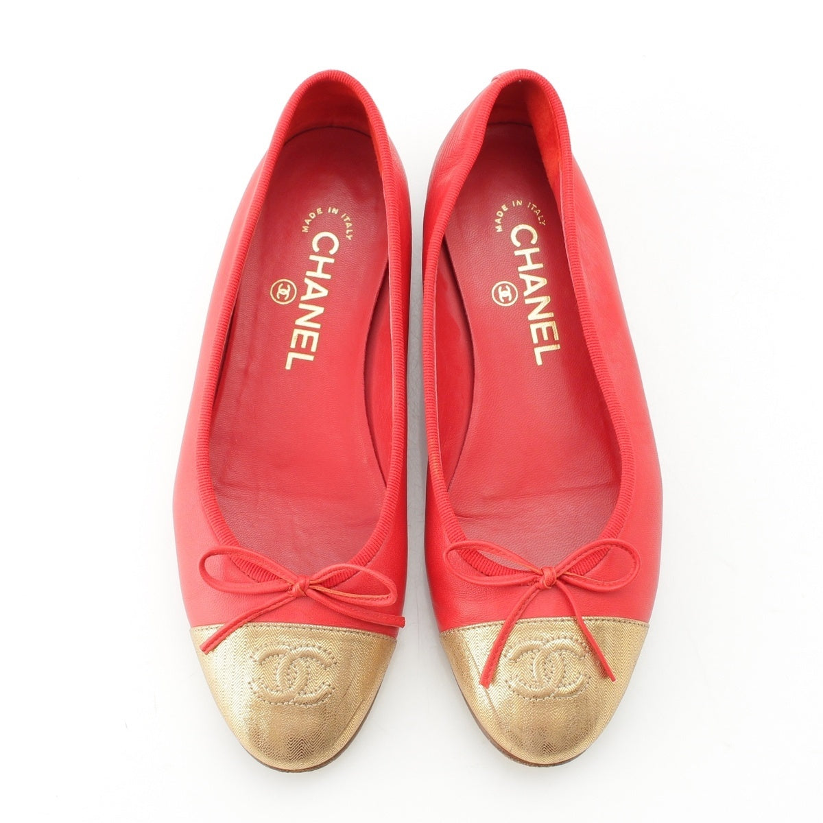 CHANEL leather COCO Mark Ribbon Flat pumps Red x gold 36 2/1