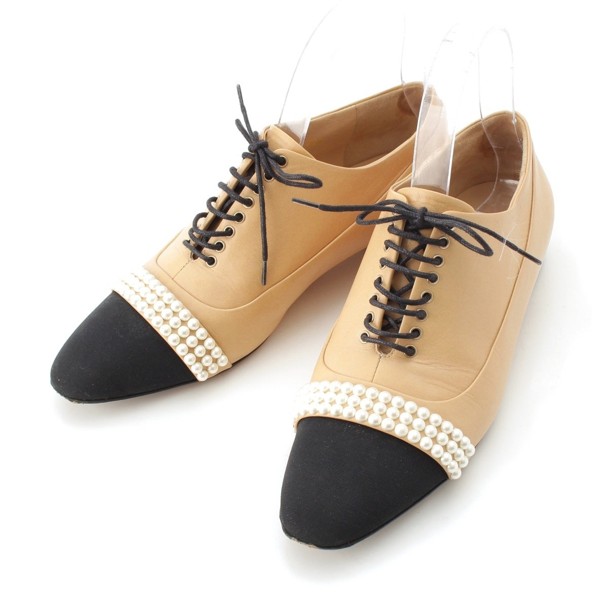 CHANEL Leather Pearl COCO Mark loafers Beige x black 37