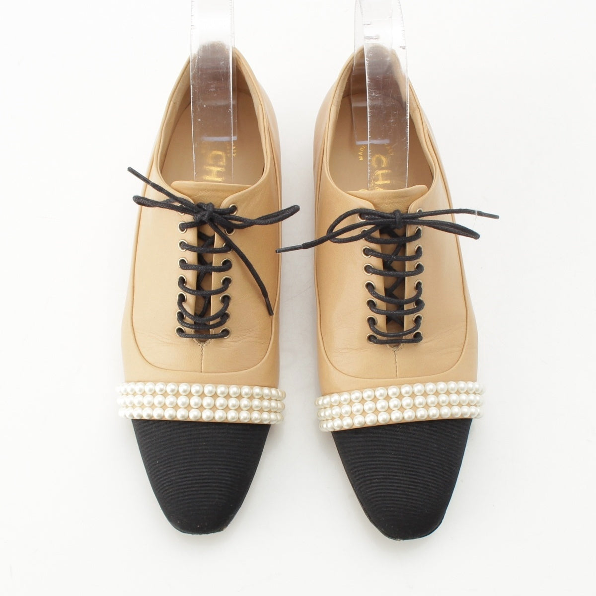 CHANEL Leather Pearl COCO Mark loafers Beige x black 37