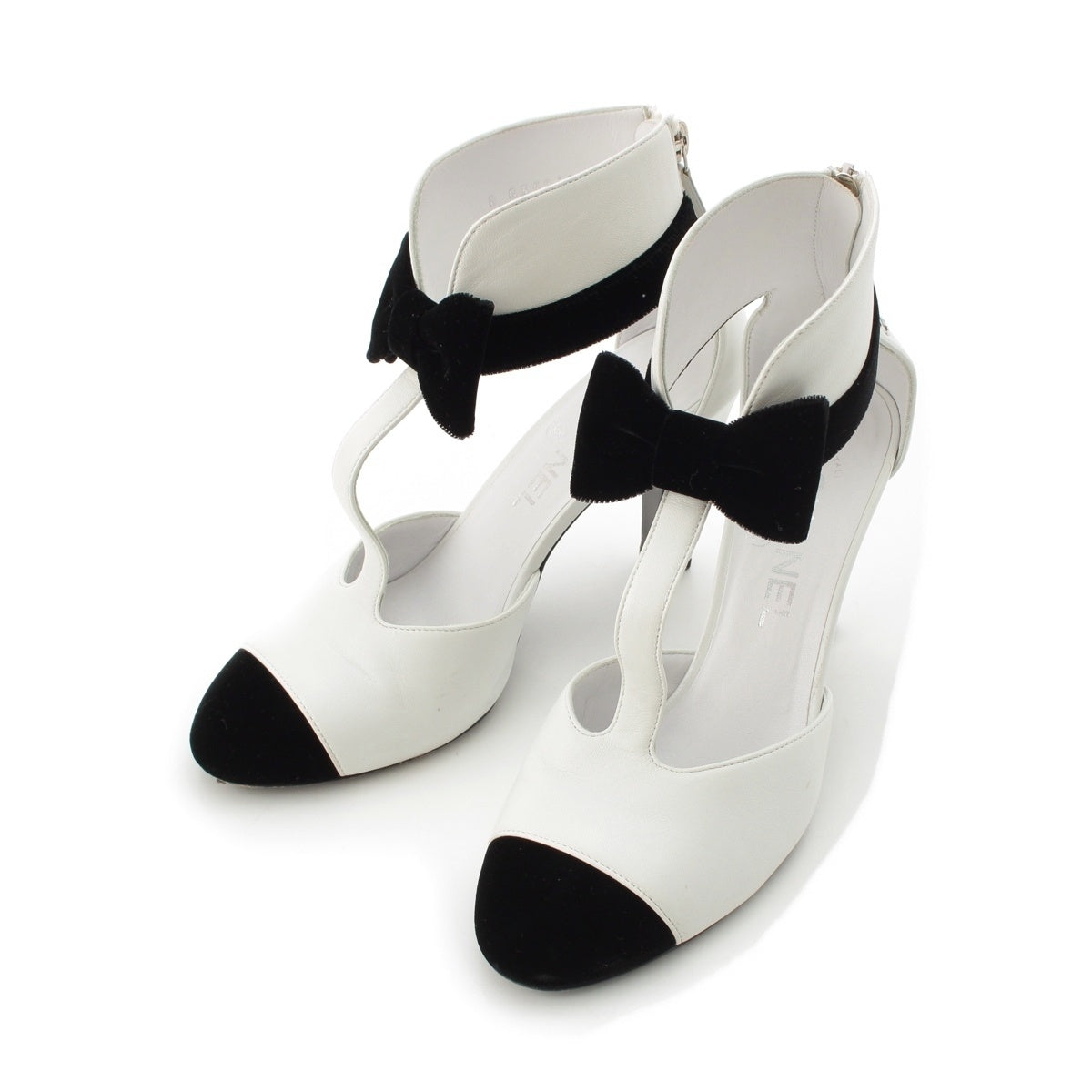 CHANEL Leather velor COCO Mark Ribbon pumps G35242 Black x white 37