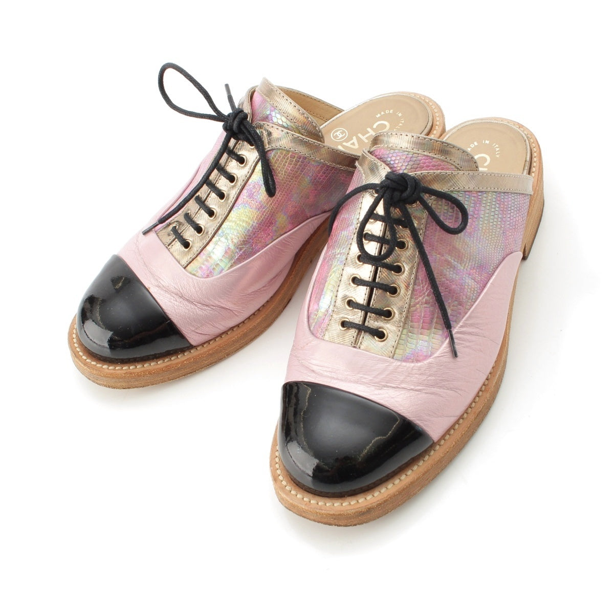 CHANEL leather COCO Mark Oxford Mule Pink x Black 37