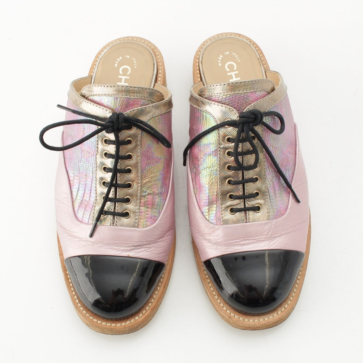 CHANEL leather COCO Mark Oxford Mule Pink x Black 37