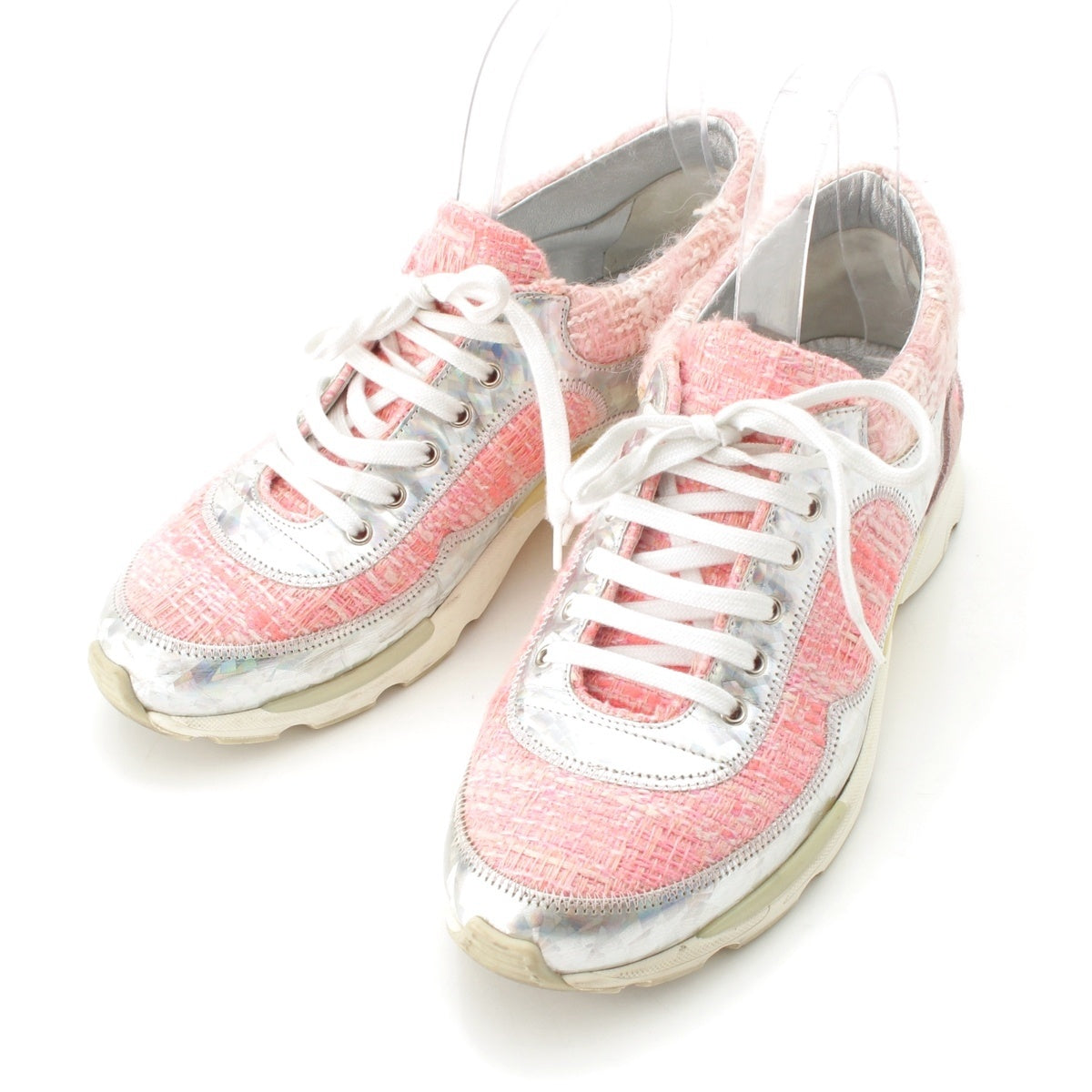 CHANEL tweed COCO Mark sneakers G30442 Pink x Silver 37