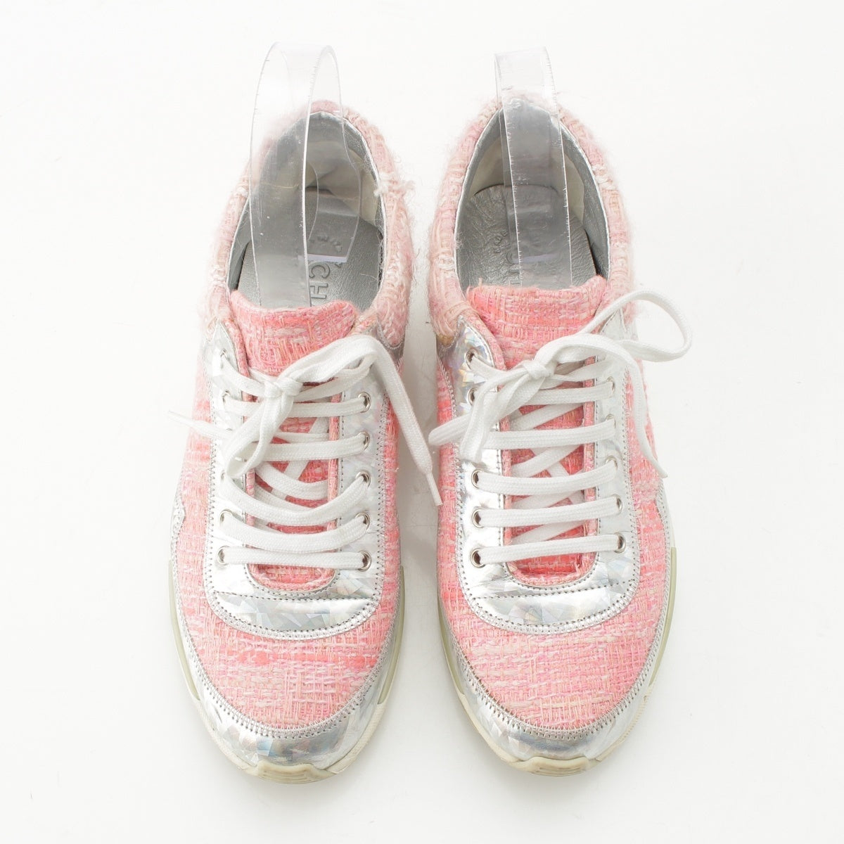 CHANEL tweed COCO Mark sneakers G30442 Pink x Silver 37