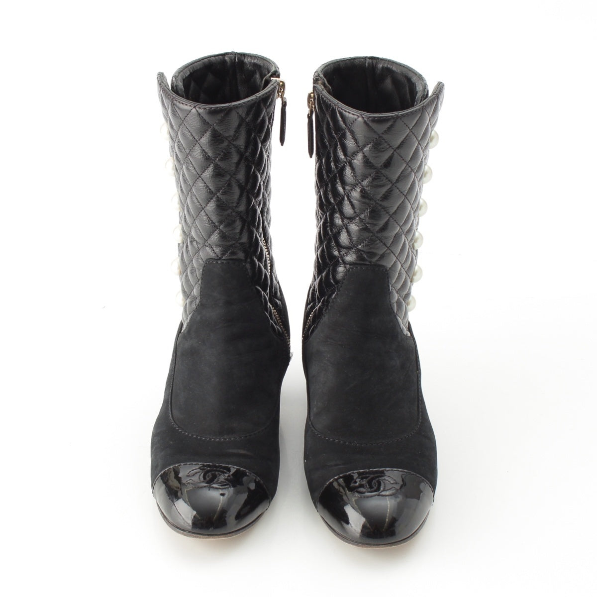CHANEL Leather x Suede Pearl COCO Mark Matrasse boots black 37