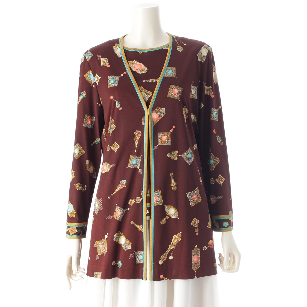 LEONARD Can-can material, jewel pattern cardigan, sleeveless top ensemble Brown LL