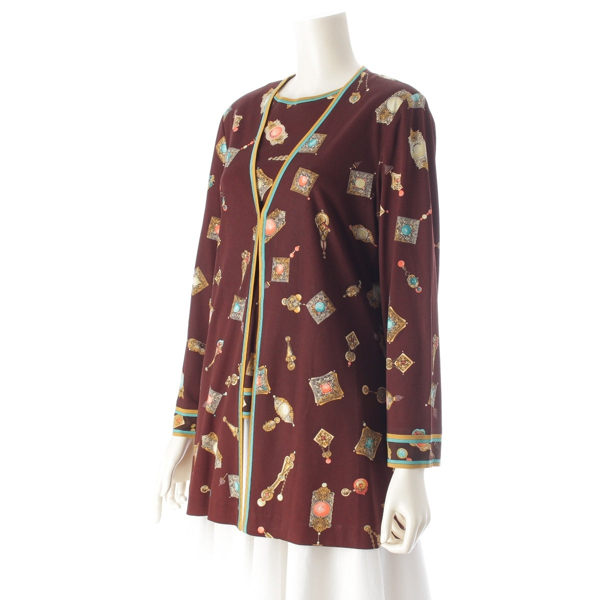 LEONARD Can-can material, jewel pattern cardigan, sleeveless top ensemble Brown LL