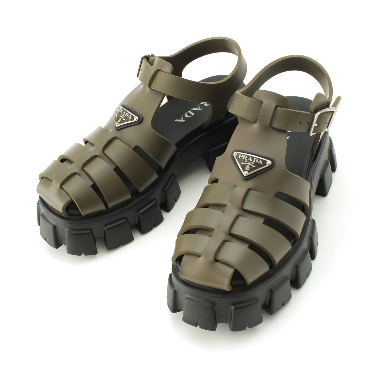 PRADA monolith Triangle logo bicolor rubber Sandals Khaki green black 7