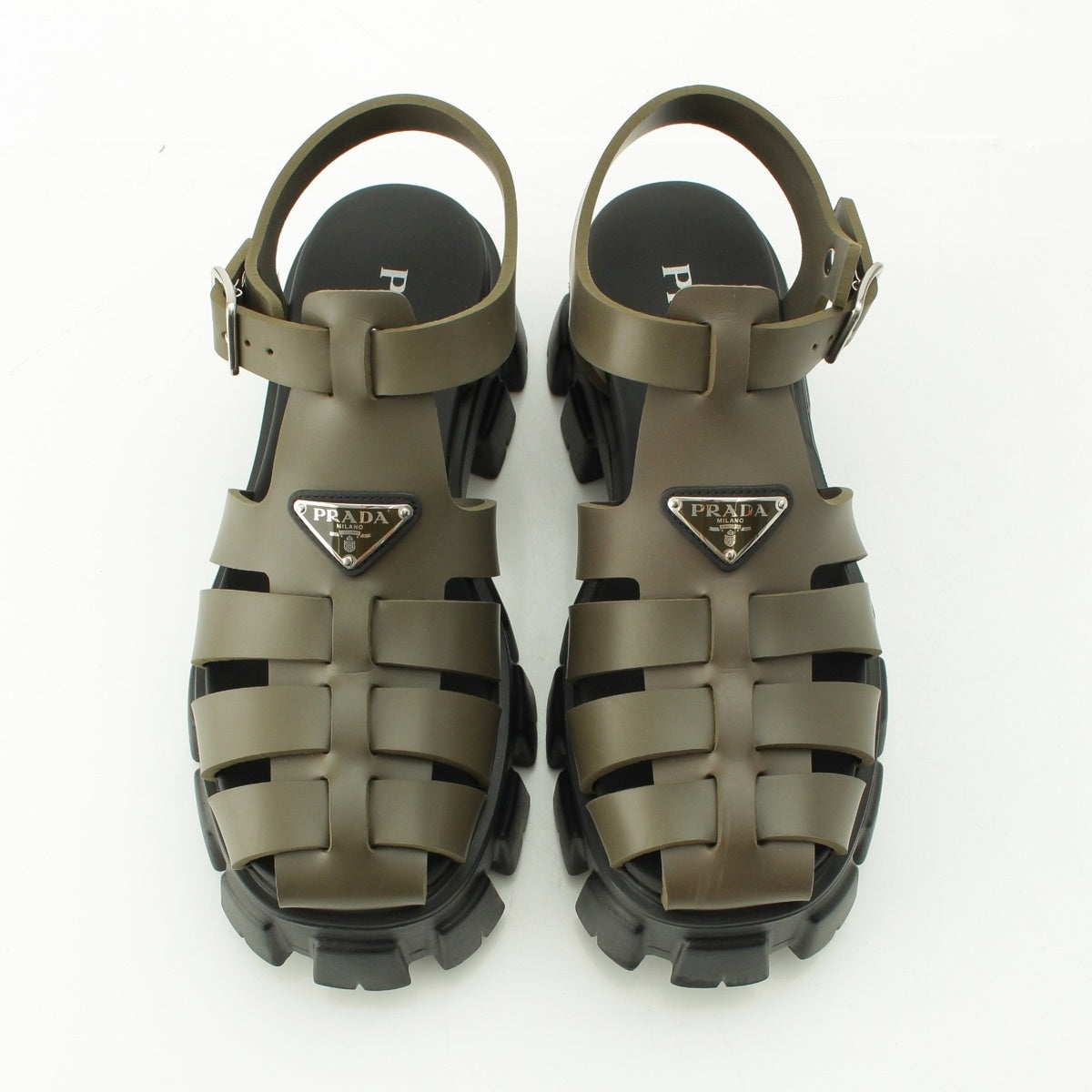 PRADA monolith Triangle logo bicolor rubber Sandals Khaki green black 7