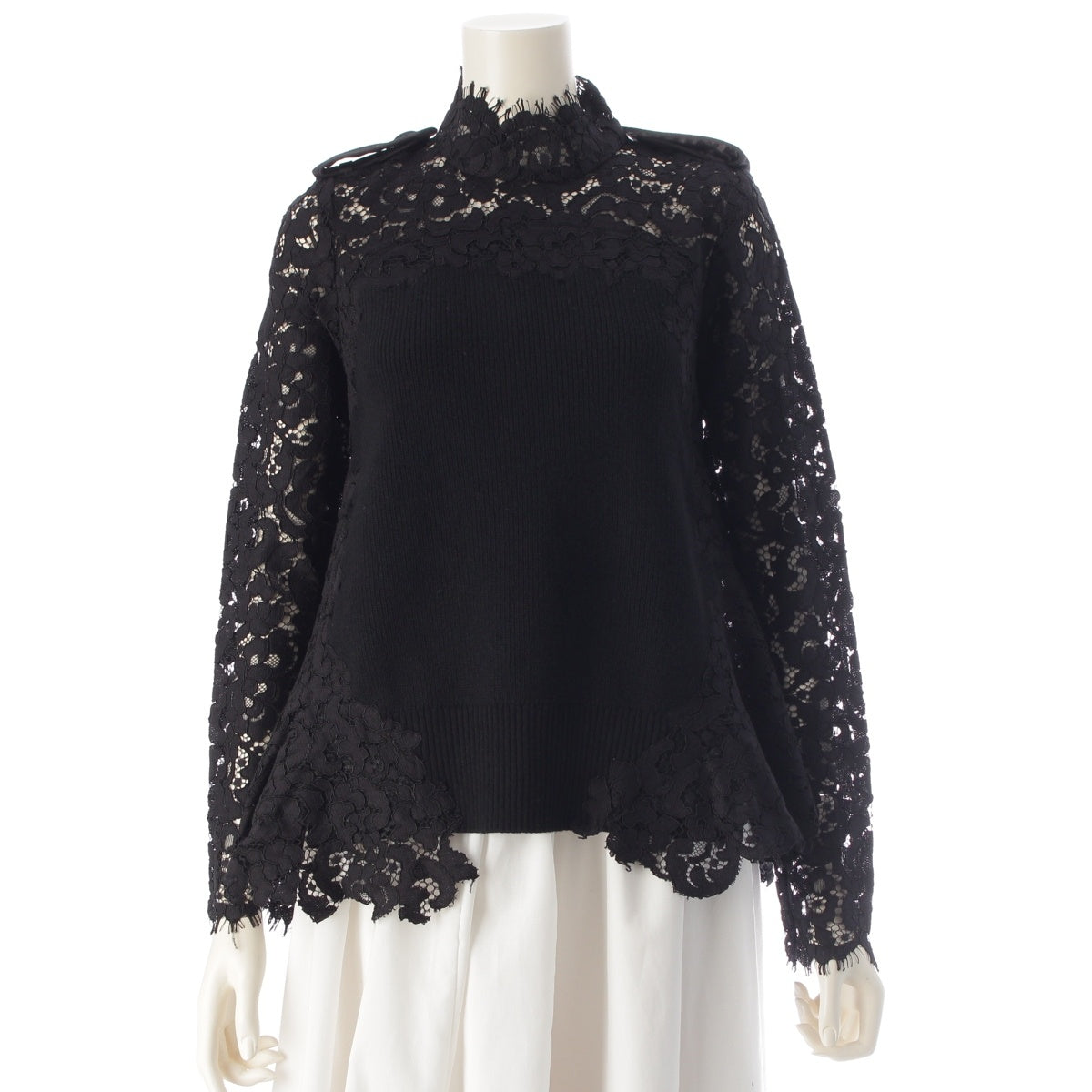 Sacai Lace knit docking high neck blouse tops 19-04812 black 1