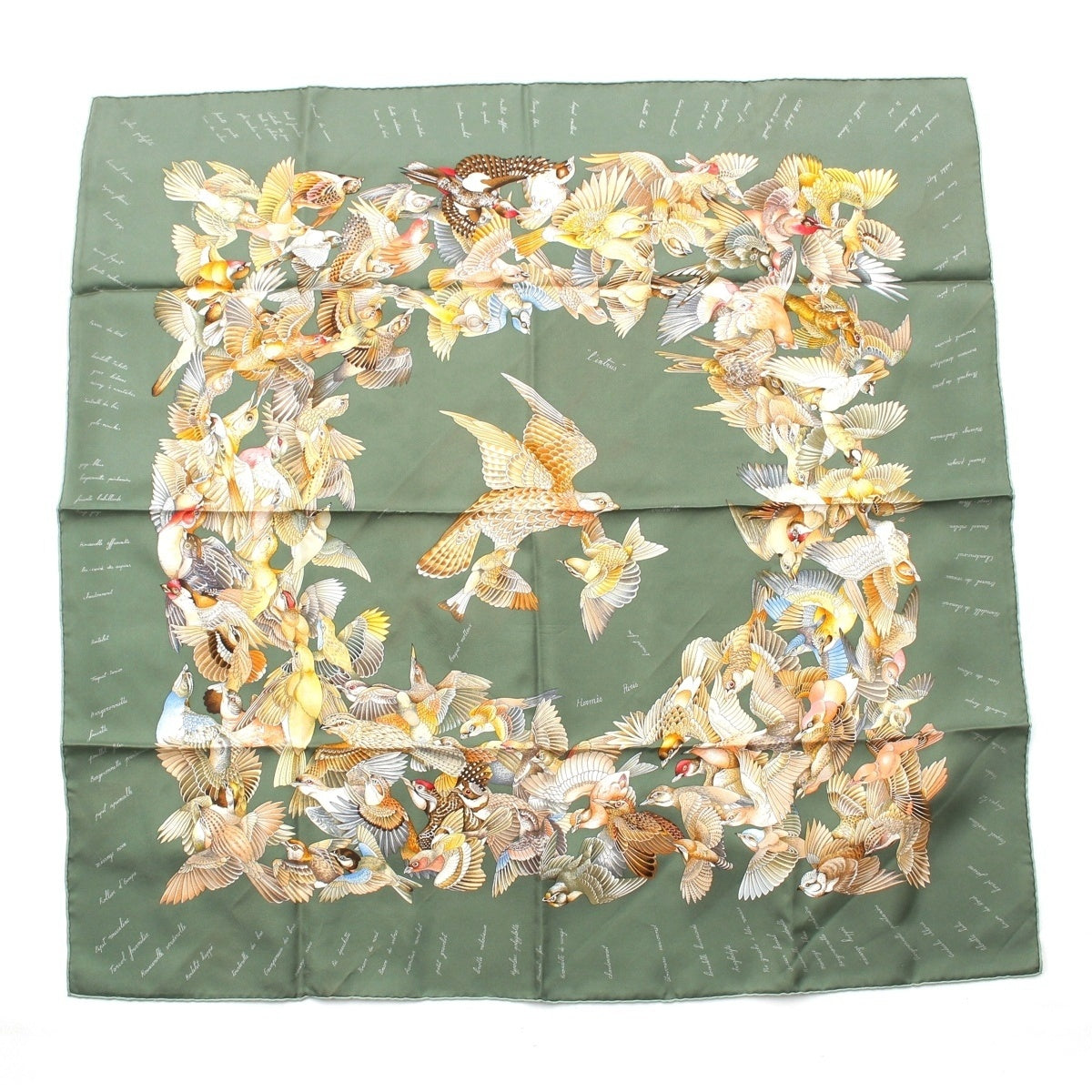 HERMES Carre 90 L'intrus Intruder silk bird scarf green