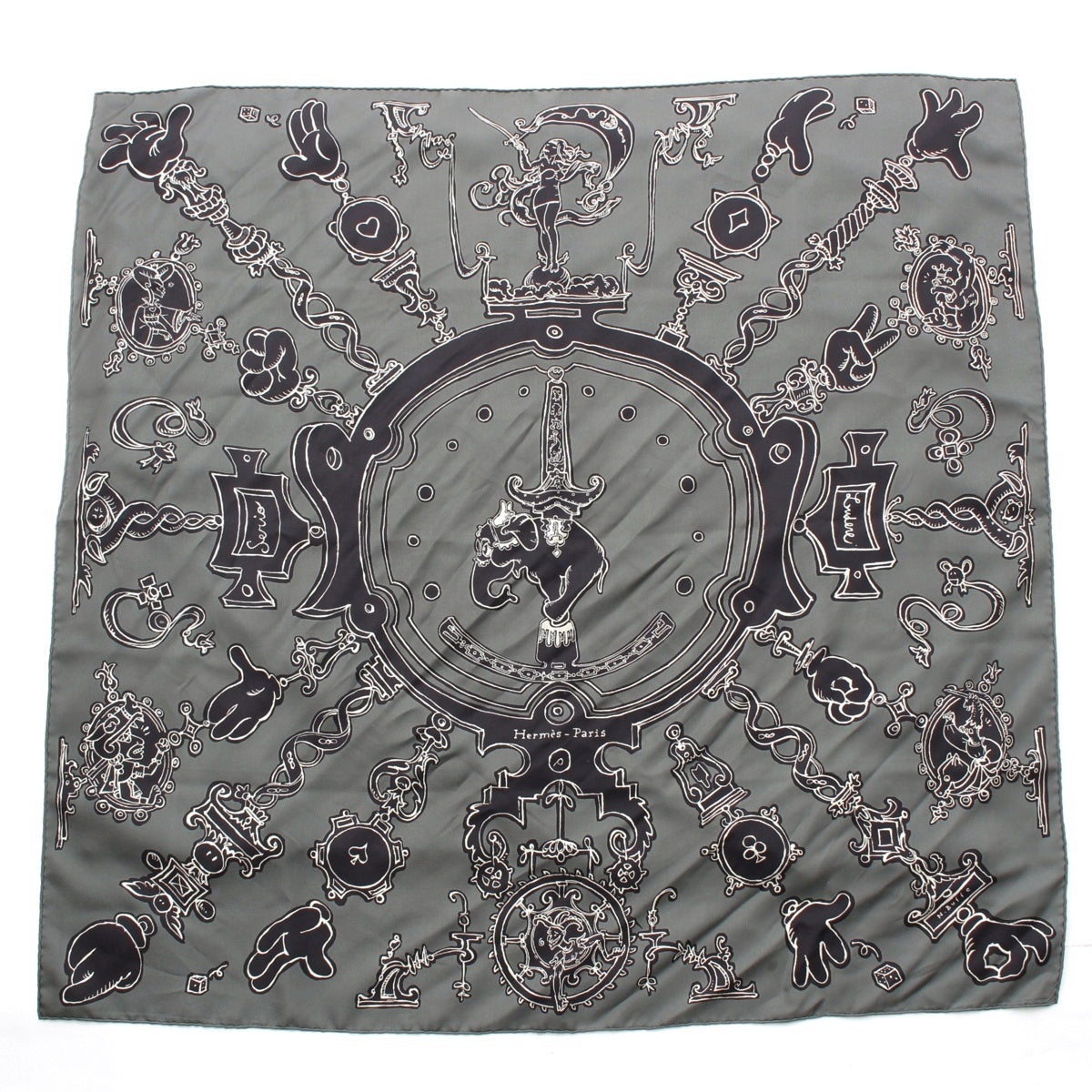 HERMES Calle 90 silk Serio Ludere scarf gray