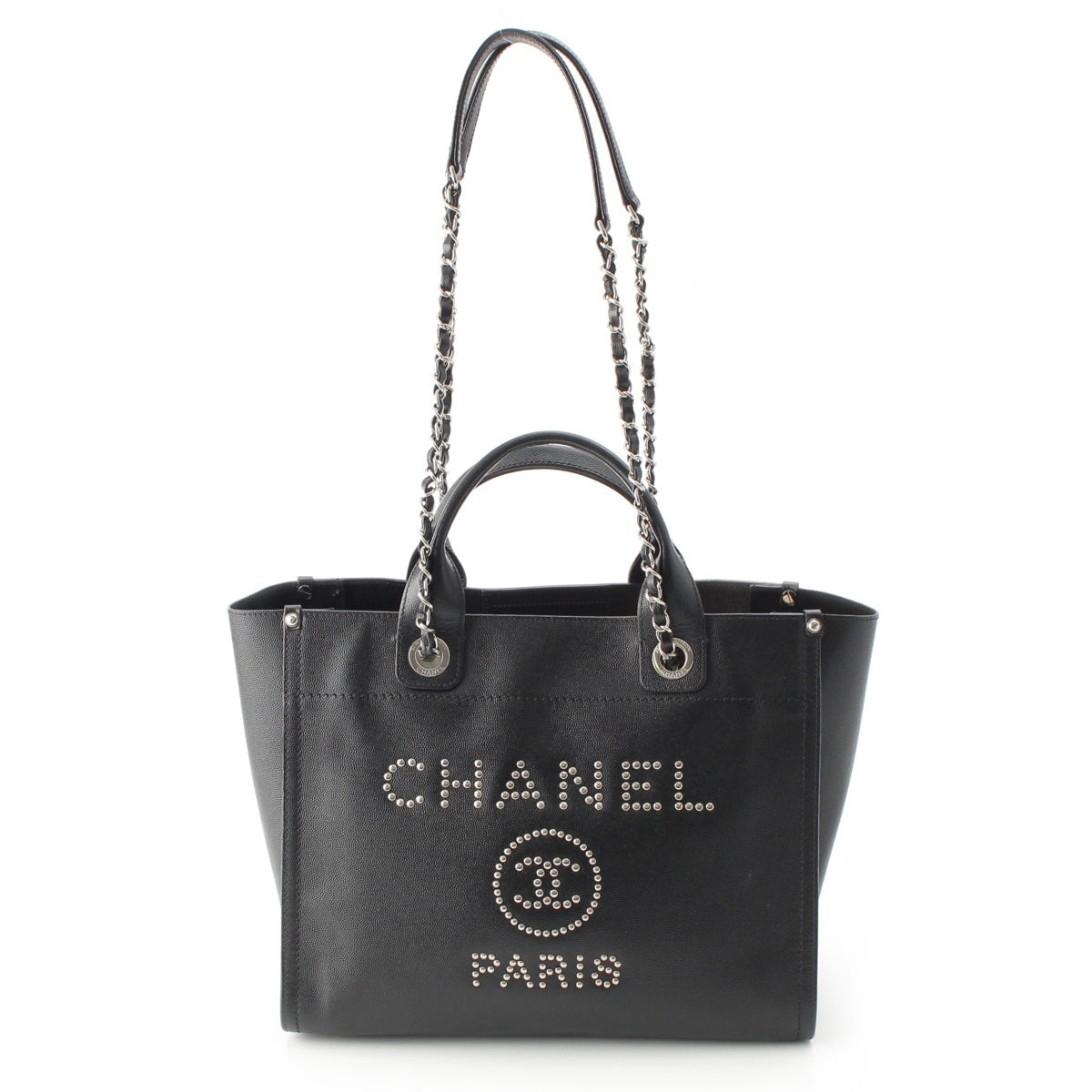CHANEL Deauville MM Caviar skin Tote Bag COCO Mark Logo SilverMetal A57069 black