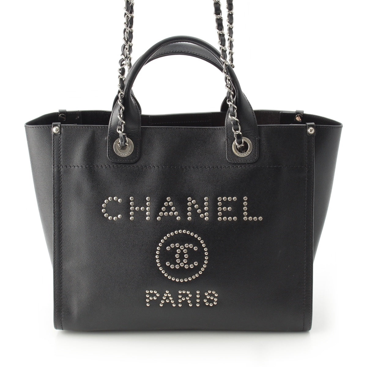 CHANEL Deauville MM Caviar skin Tote Bag COCO Mark Logo SilverMetal A57069 black