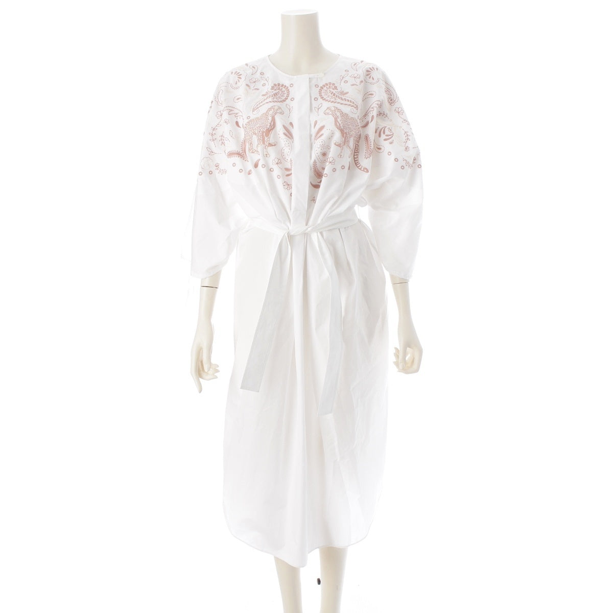 HERMES Embroidered Beach Dress with Belt (Long) one piece Animal flower pattern H5E3520DA white 34