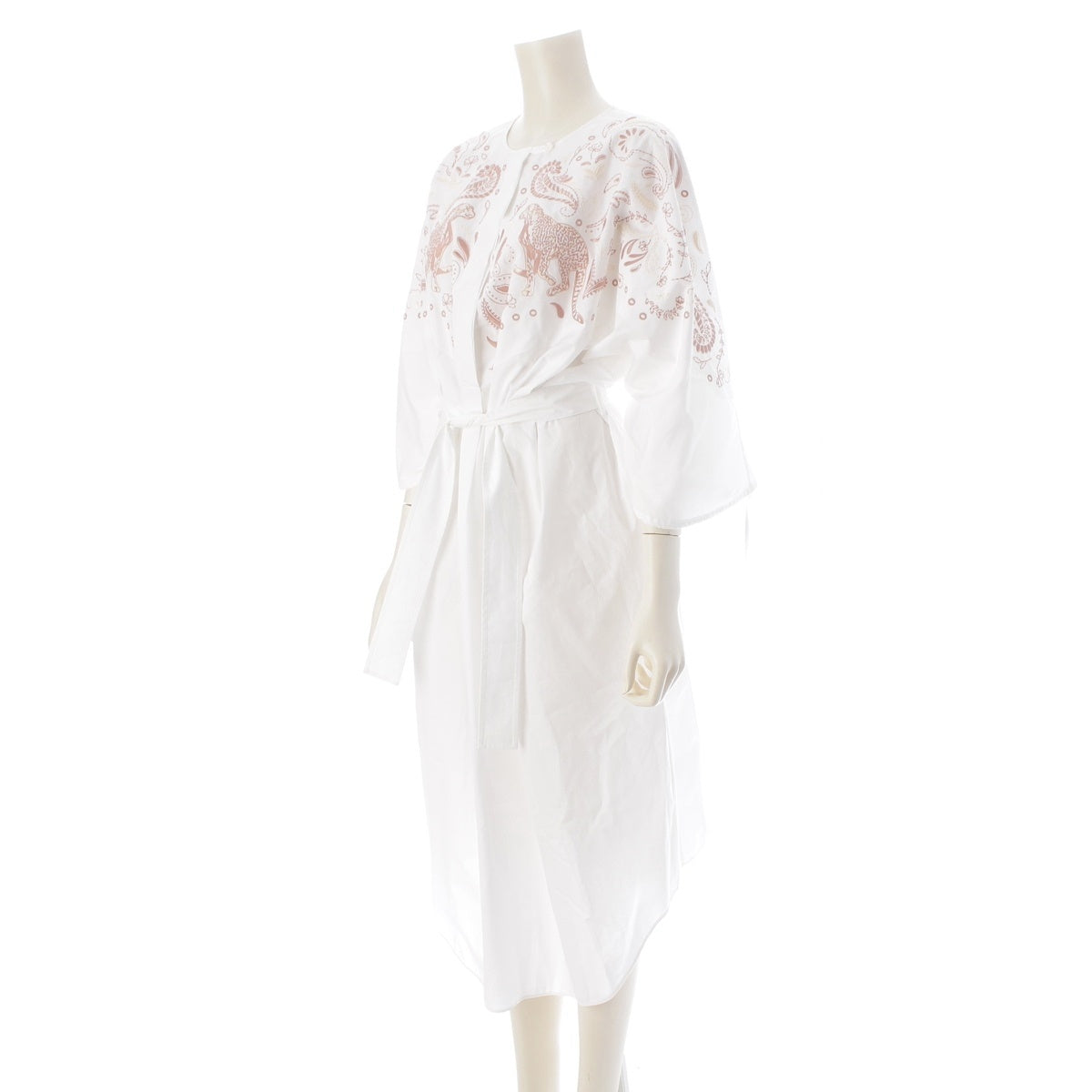 HERMES Embroidered Beach Dress with Belt (Long) one piece Animal flower pattern H5E3520DA white 34