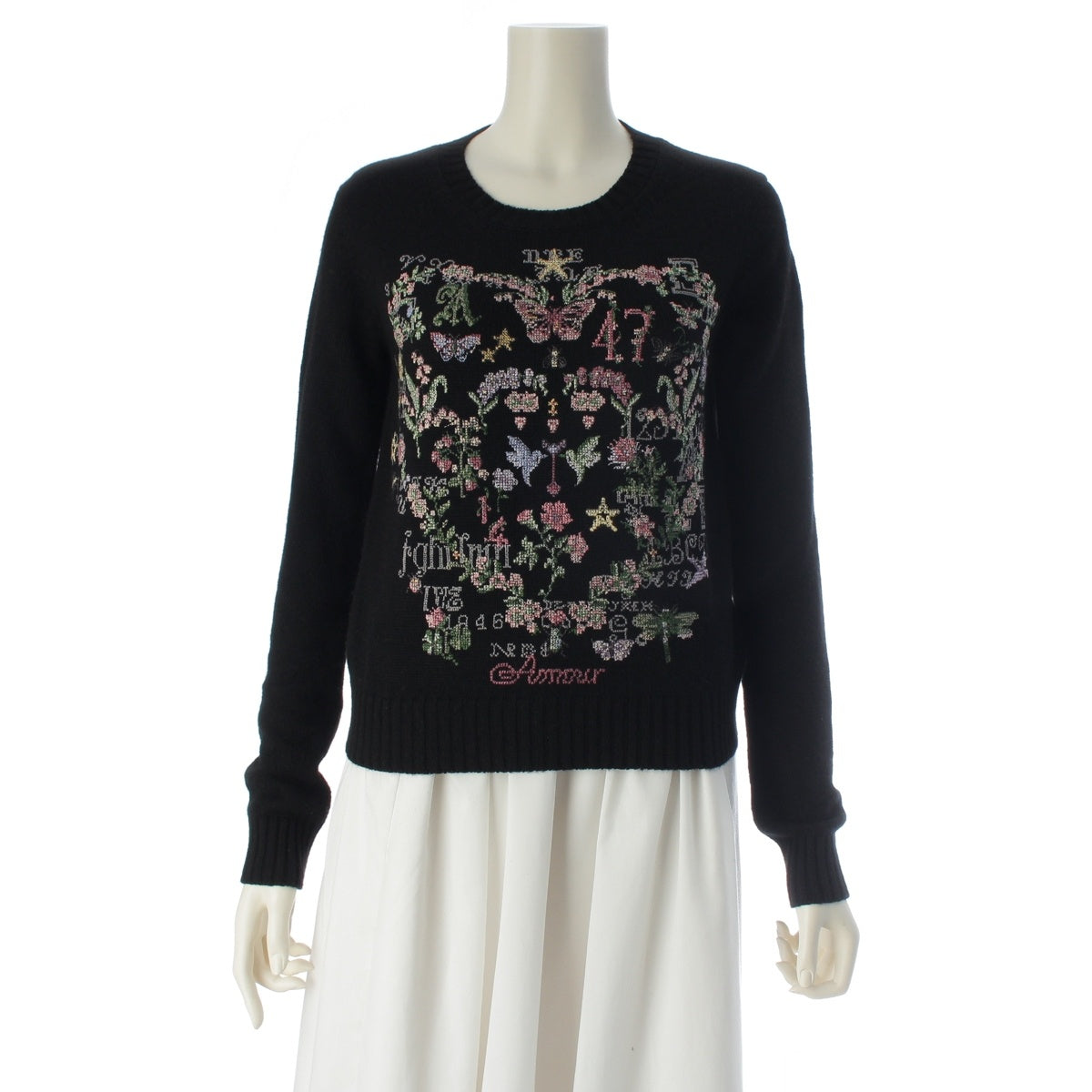 Christian Dior cashmere Embroidery, Cross Stitch, Knit sweater Flowers Butterflies 514S57A0017 black 34