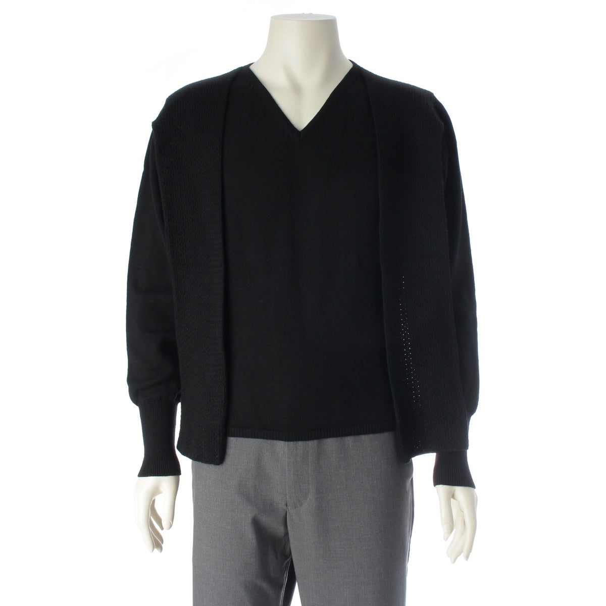 Yohji Yamamoto wool Rounded lettering tag V-neck scarf-docking top knit black M
