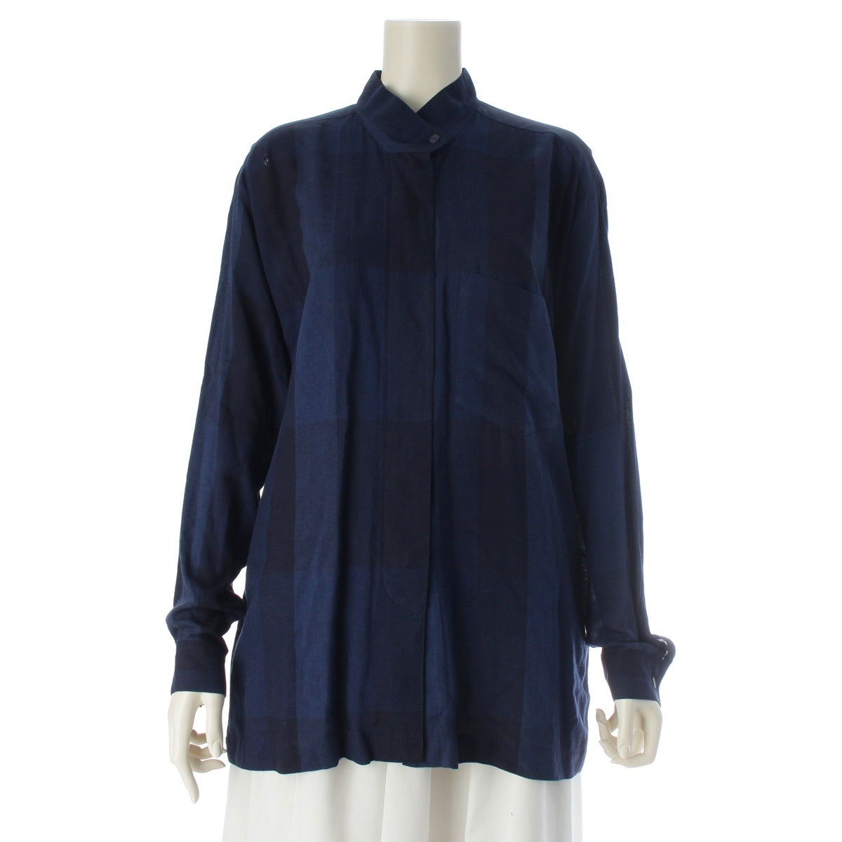 ISSEY MIYAKE Permanente Rayon Linen Striped, irregularly shaped covered buttons Long sleeve shirt VG11166 Blue navy M
