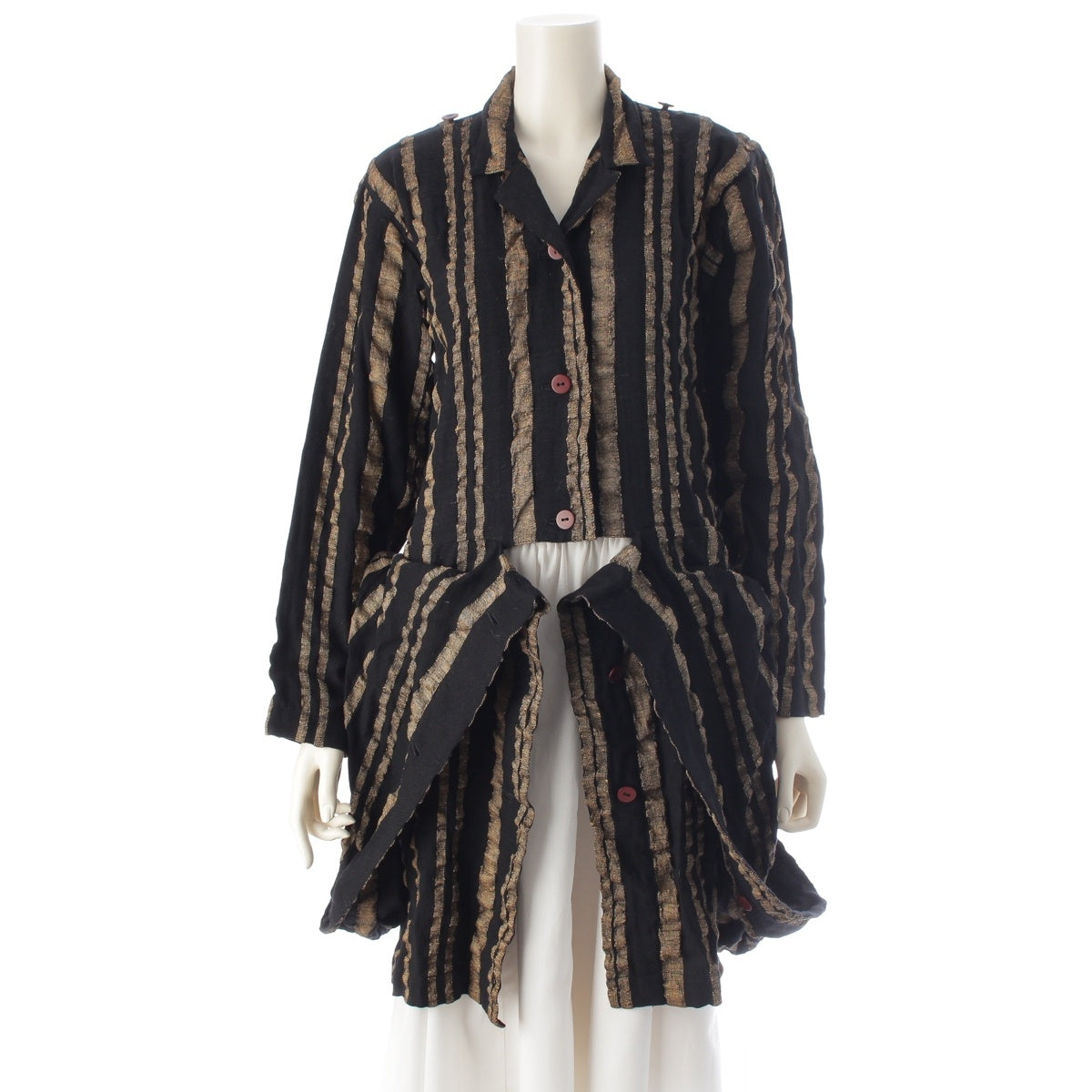 ISSEY MIYAKE wool linen Brush tag samurai shoulder stripe double structure irregular shape shirring Gathered Jacket outer JG33176 Black gold 9