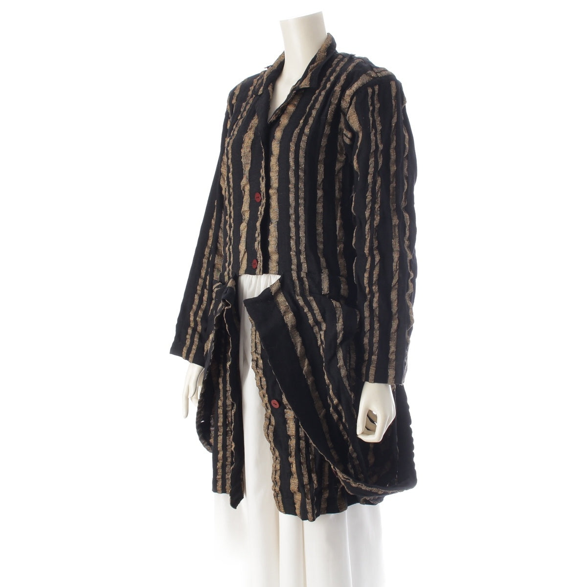 ISSEY MIYAKE wool linen Brush tag samurai shoulder stripe double structure irregular shape shirring Gathered Jacket outer JG33176 Black gold 9