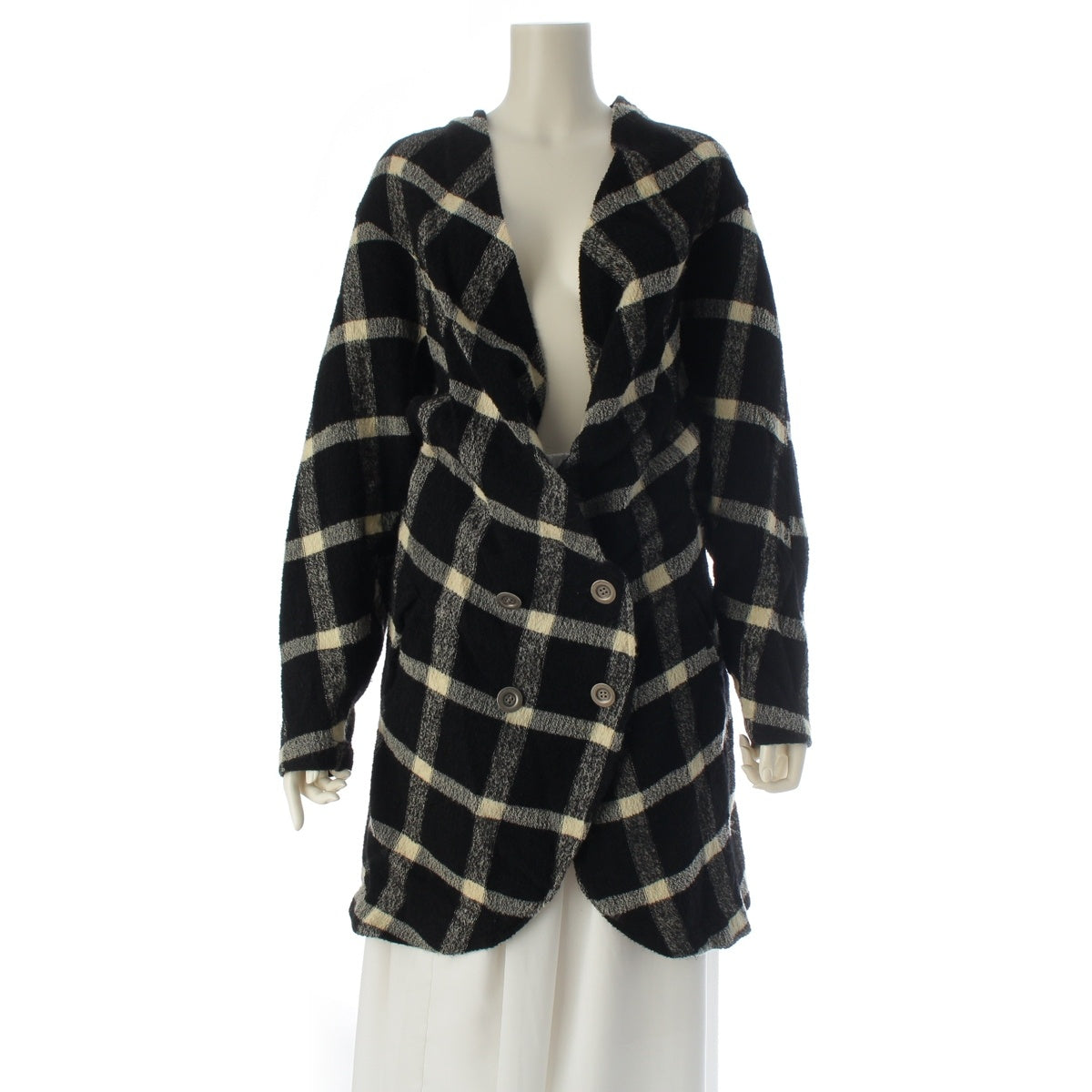 ISSEY MIYAKE wool Brush tag, check pattern, double-breasted, gathered, irregular shape, long, all-over print, metal buttons. Jacket JG33137 White black M