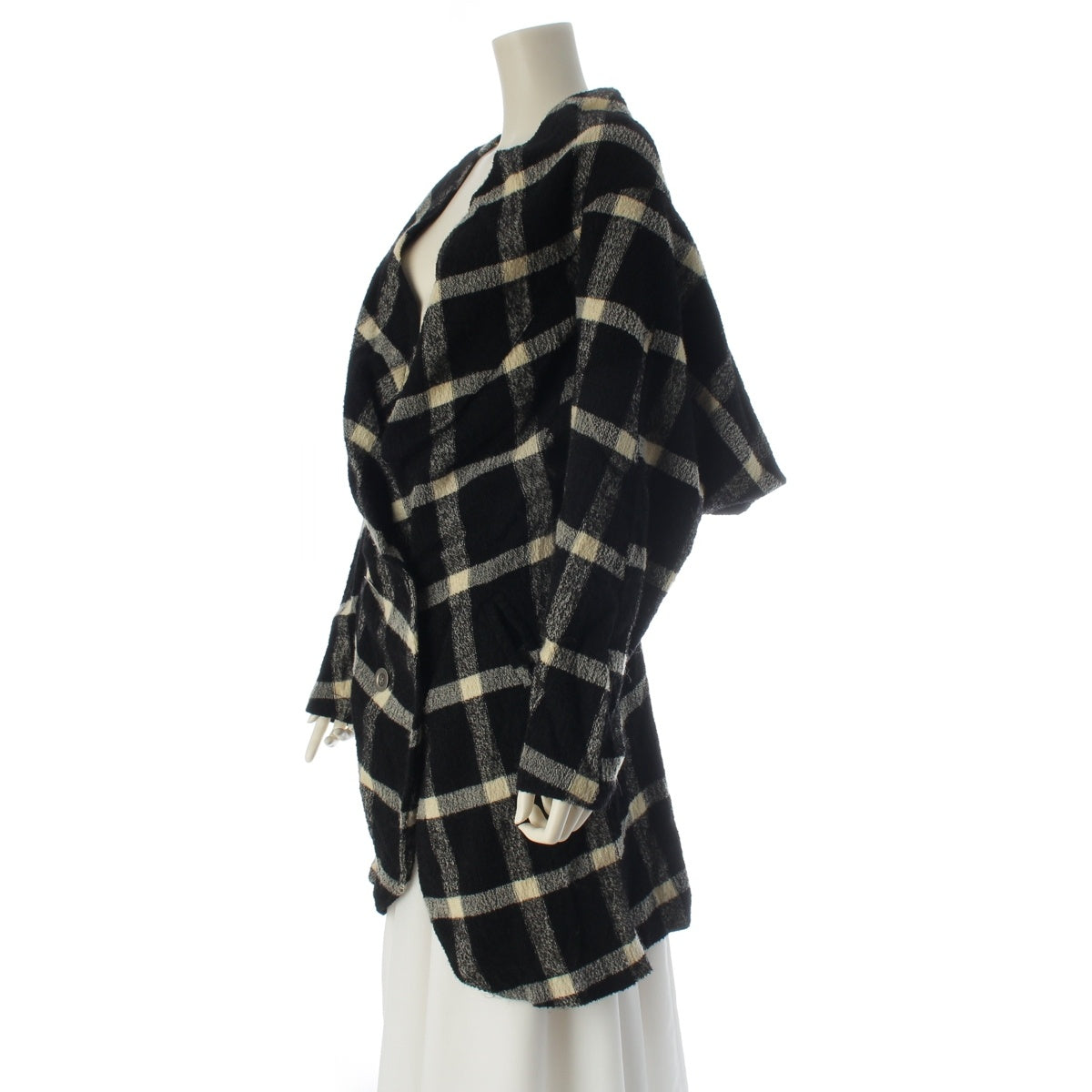 ISSEY MIYAKE wool Brush tag, check pattern, double-breasted, gathered, irregular shape, long, all-over print, metal buttons. Jacket JG33137 White black M