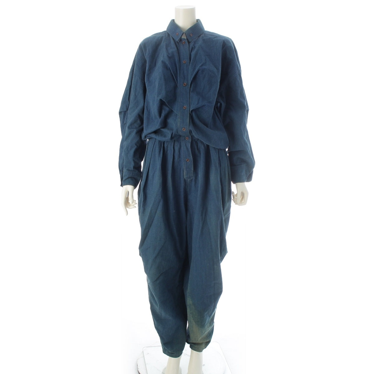 ISSEY MIYAKE cotton Brush tag, linen blend, irregular shape, jump suit JM73023 Indigo 9