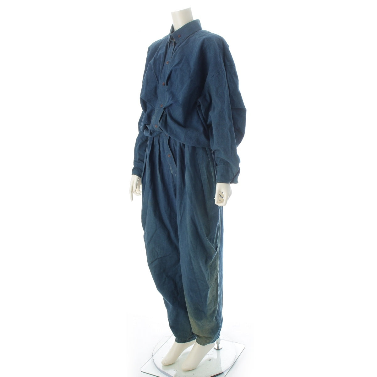 ISSEY MIYAKE cotton Brush tag, linen blend, irregular shape, jump suit JM73023 Indigo 9
