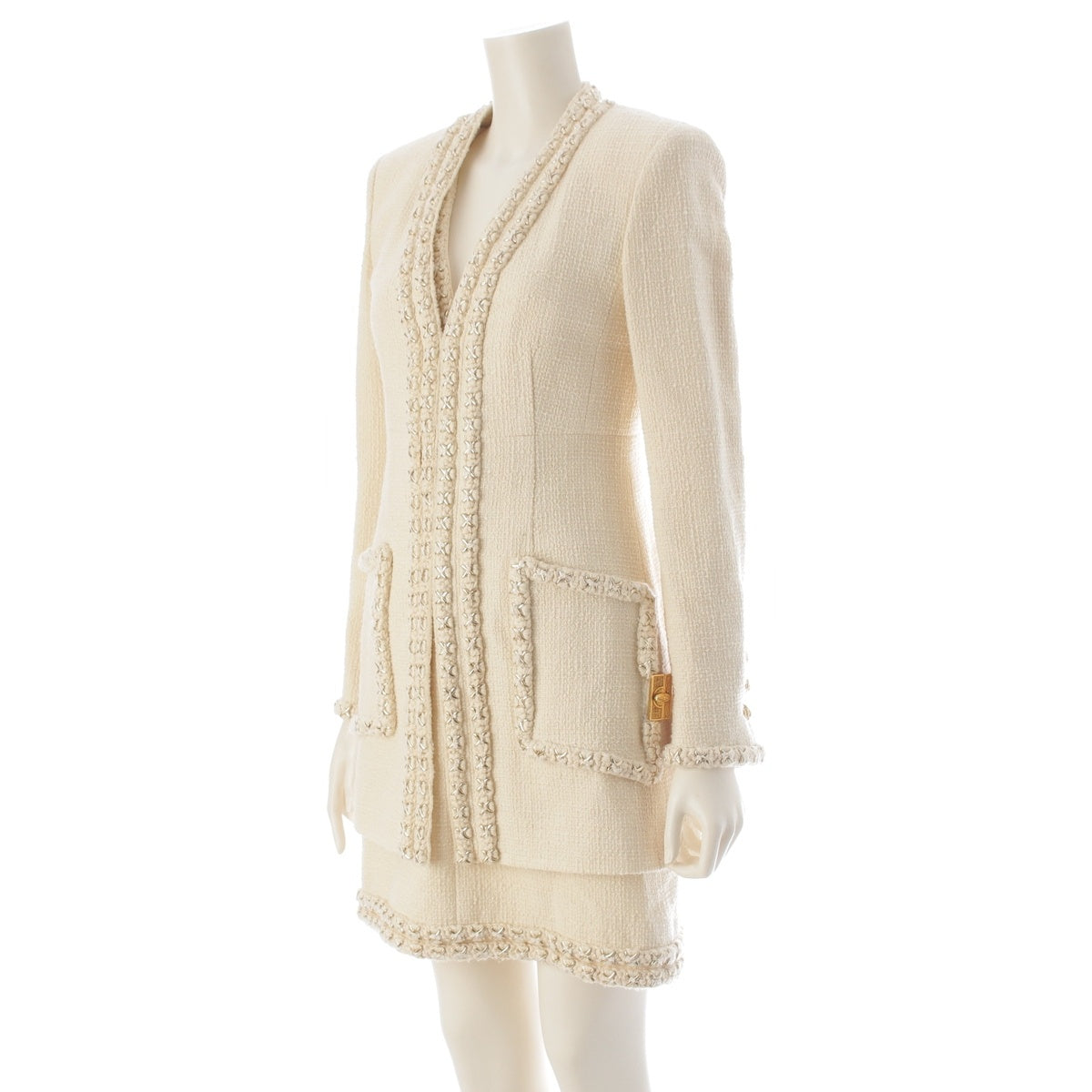 CHANEL Métiers d'art collection Wool, silk, and cotton tweed ensemble Lion Button Starfish Motif one piece setup Bottoms Jacket P56 off white 34
