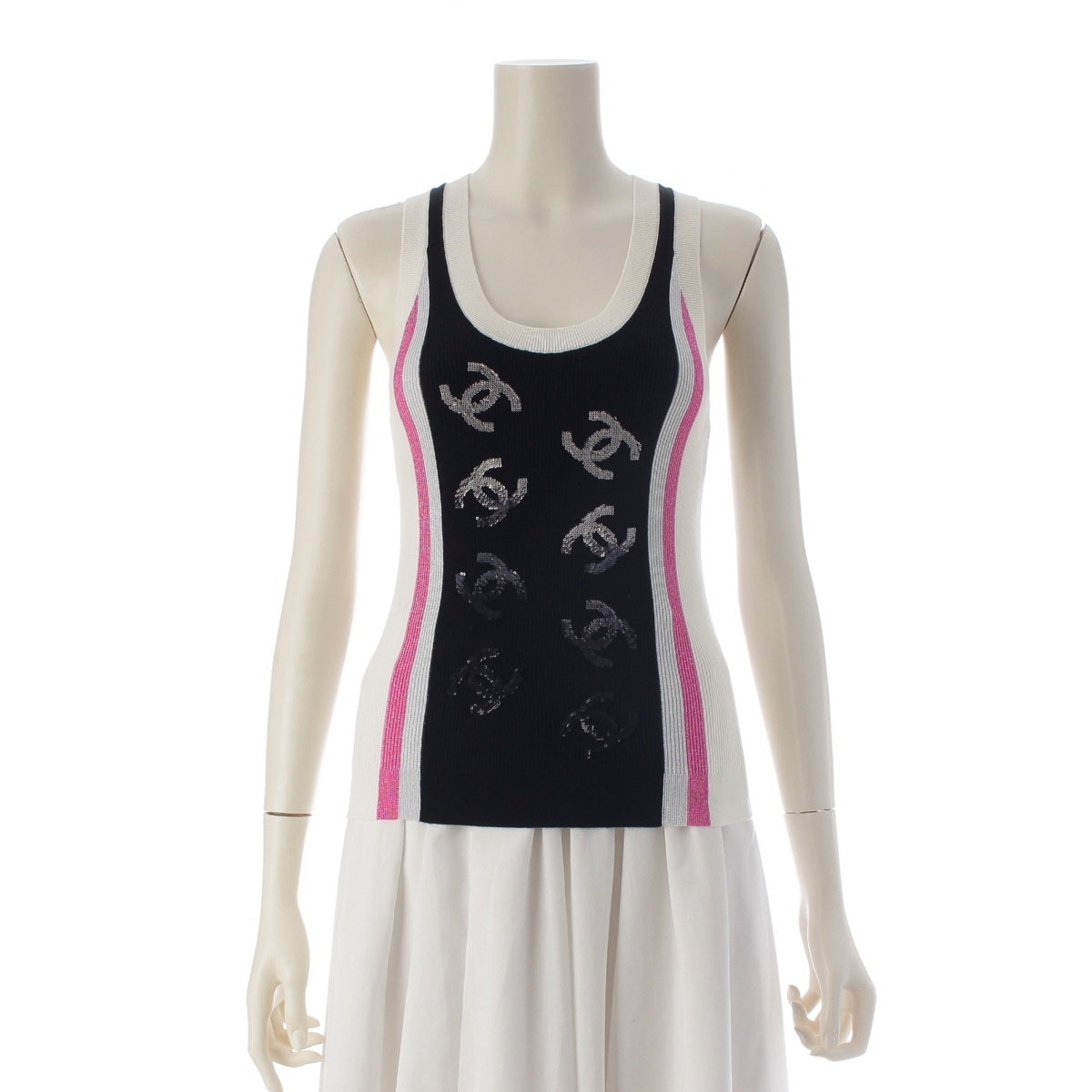 CHANEL COCO Mark Sequin Sleeveless Ribbed Top knit tops multicolor 36