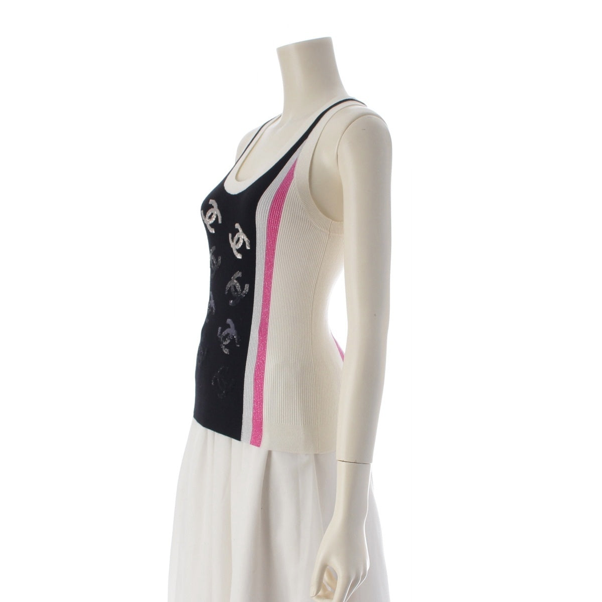 CHANEL COCO Mark Sequin Sleeveless Ribbed Top knit tops multicolor 36