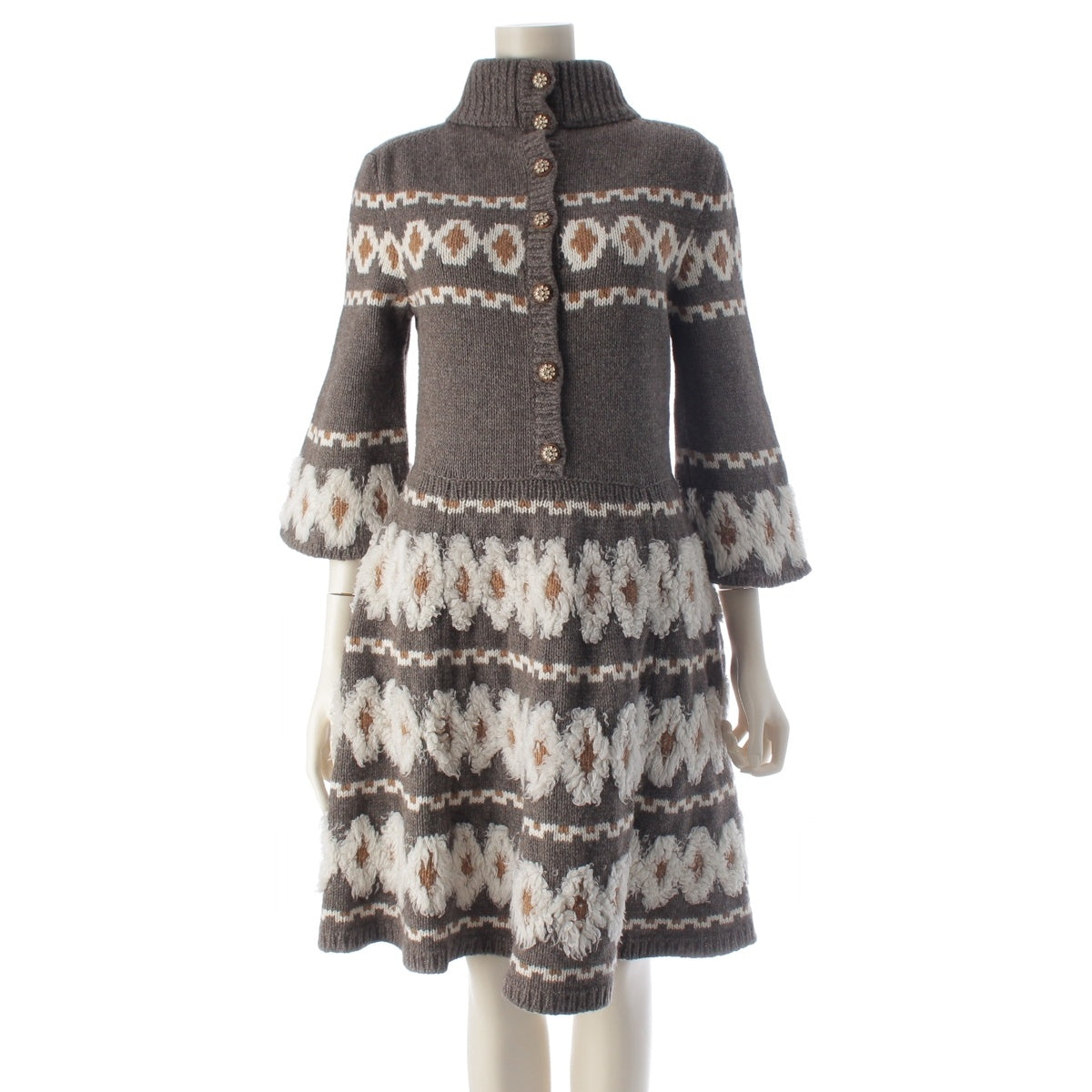 CHANEL Wool, Yak, Cashmere, Silk Flared Sleeve Knit High Neck one piece dress P62588 Gray brown 36