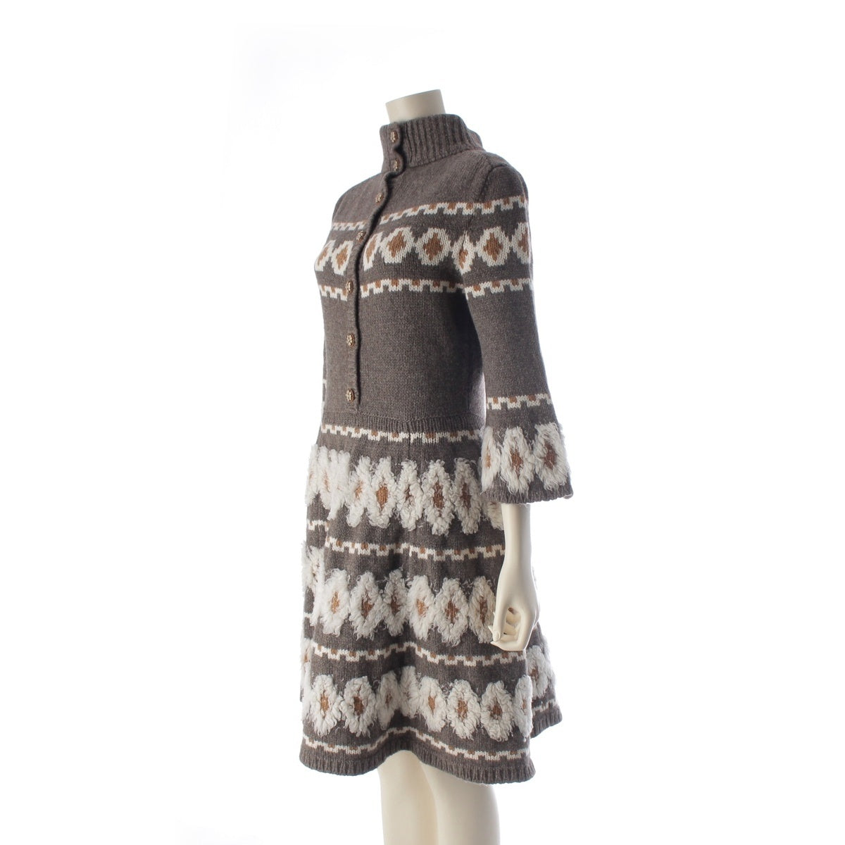 CHANEL Wool, Yak, Cashmere, Silk Flared Sleeve Knit High Neck one piece dress P62588 Gray brown 36