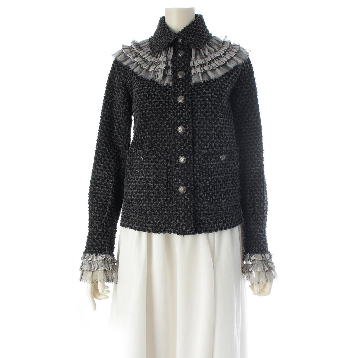 CHANEL COCO Button Frill Trim Cut Jacquard tailored jacket P46652 black dark gray 34