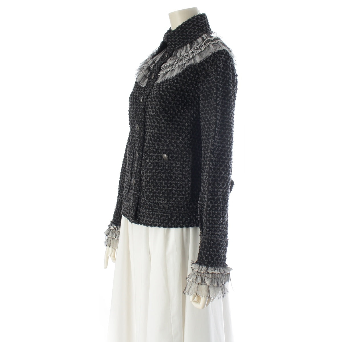 CHANEL COCO Button Frill Trim Cut Jacquard tailored jacket P46652 black dark gray 34