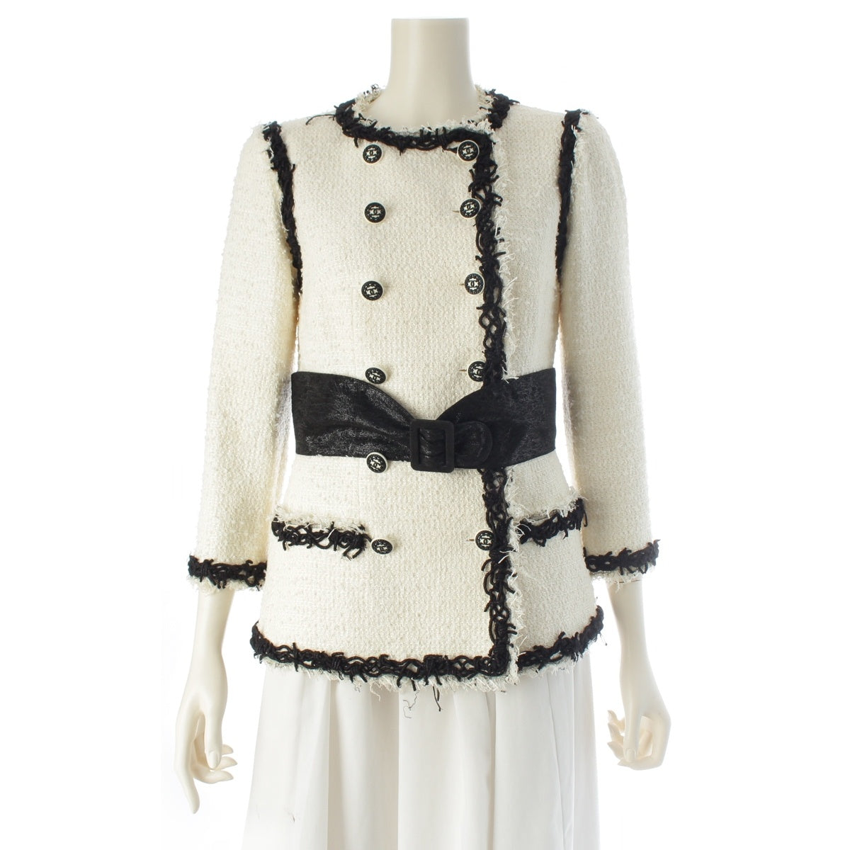 CHANEL 09P Bijou COCO Button Double-Breasted Tweed tailored jacket P35555 White black 34