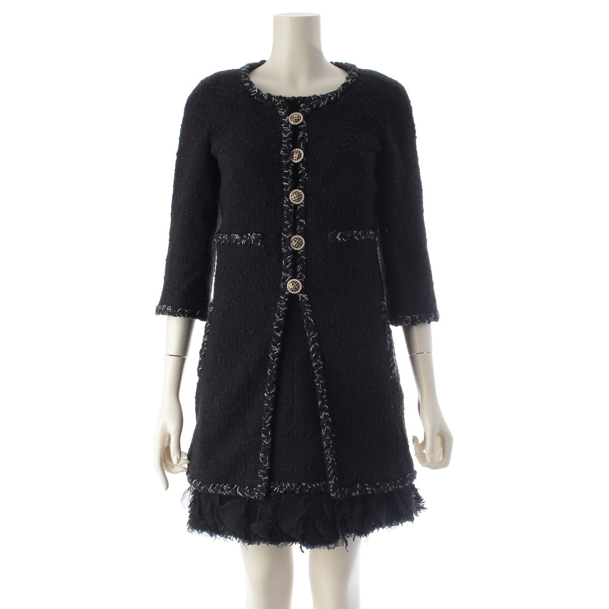 CHANEL cotton Tweed ensemble: camisole and long jacket one piece setup P30499 black 34